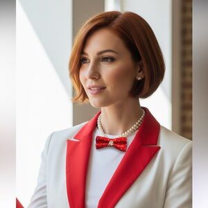 “Dainty Dapper” Red Bow tie Pearl Necklace